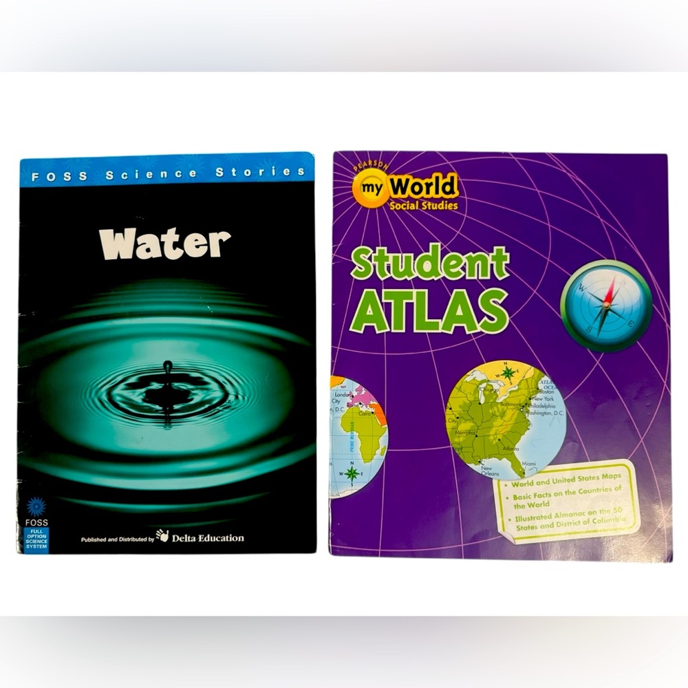 Set of 2 educational books world social studies student atlas & water science
